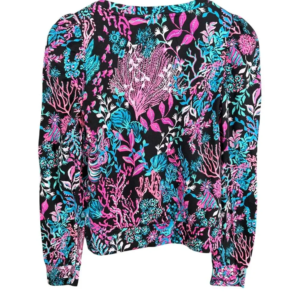 Lilly Pulitzer Jansen Sweatshirt S NWOT Onyx Twilight Coral Pink Blouse Coastal